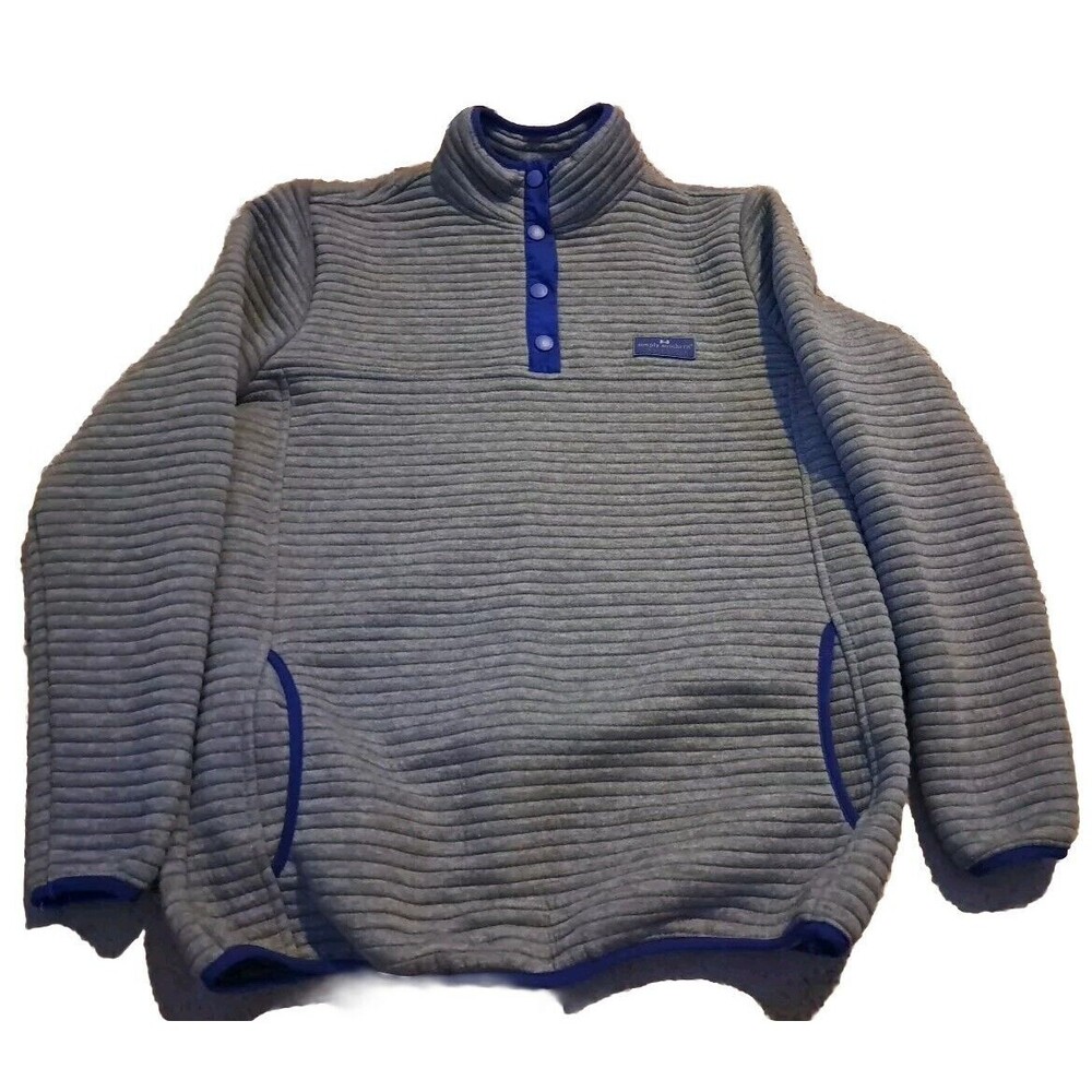 Simply Southern Gray Quilted Pullover With Blue Trim  - Small